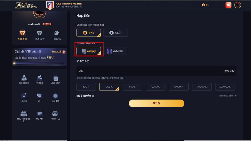 Nạp tiền K8CC qua Auto pay